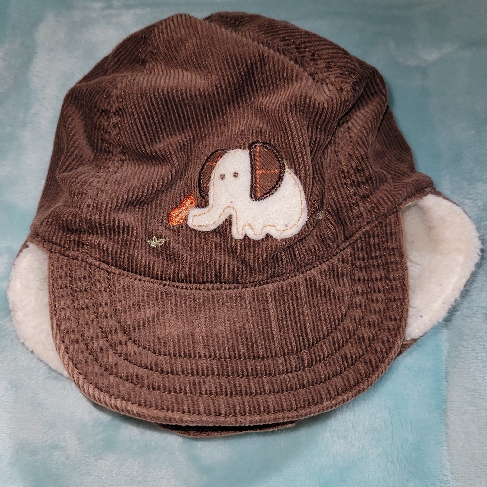 🐘 Vintage Gymboree Baby Brown Elephant Plush Lined Corduroy Hat 3-6 Months